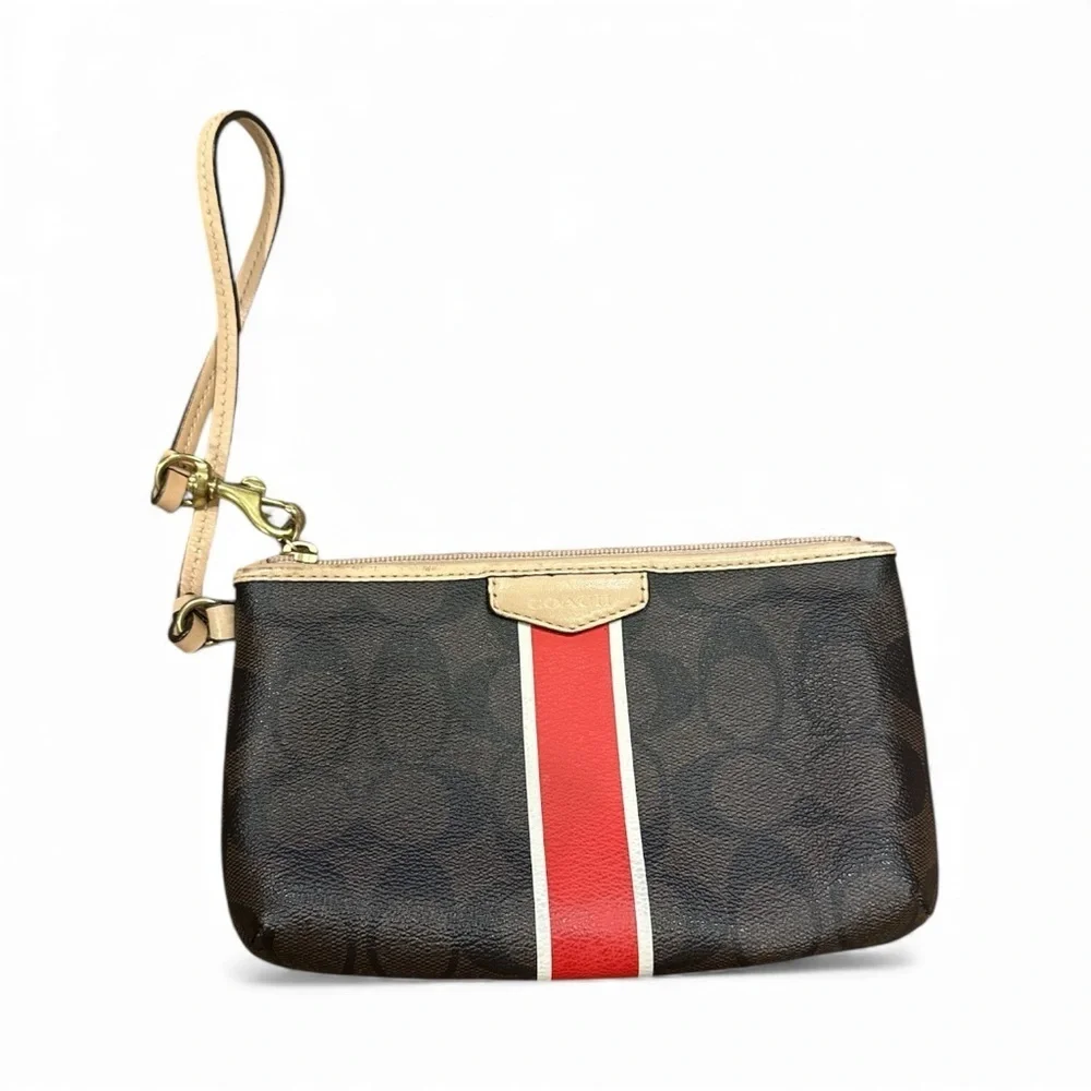 Coach Brown Wristlet with Red Stripe
